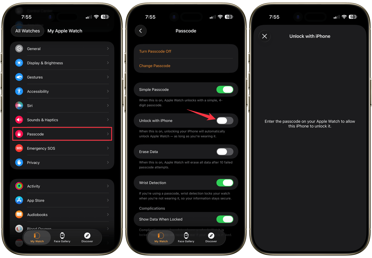 Opening passcode settings in Watch app