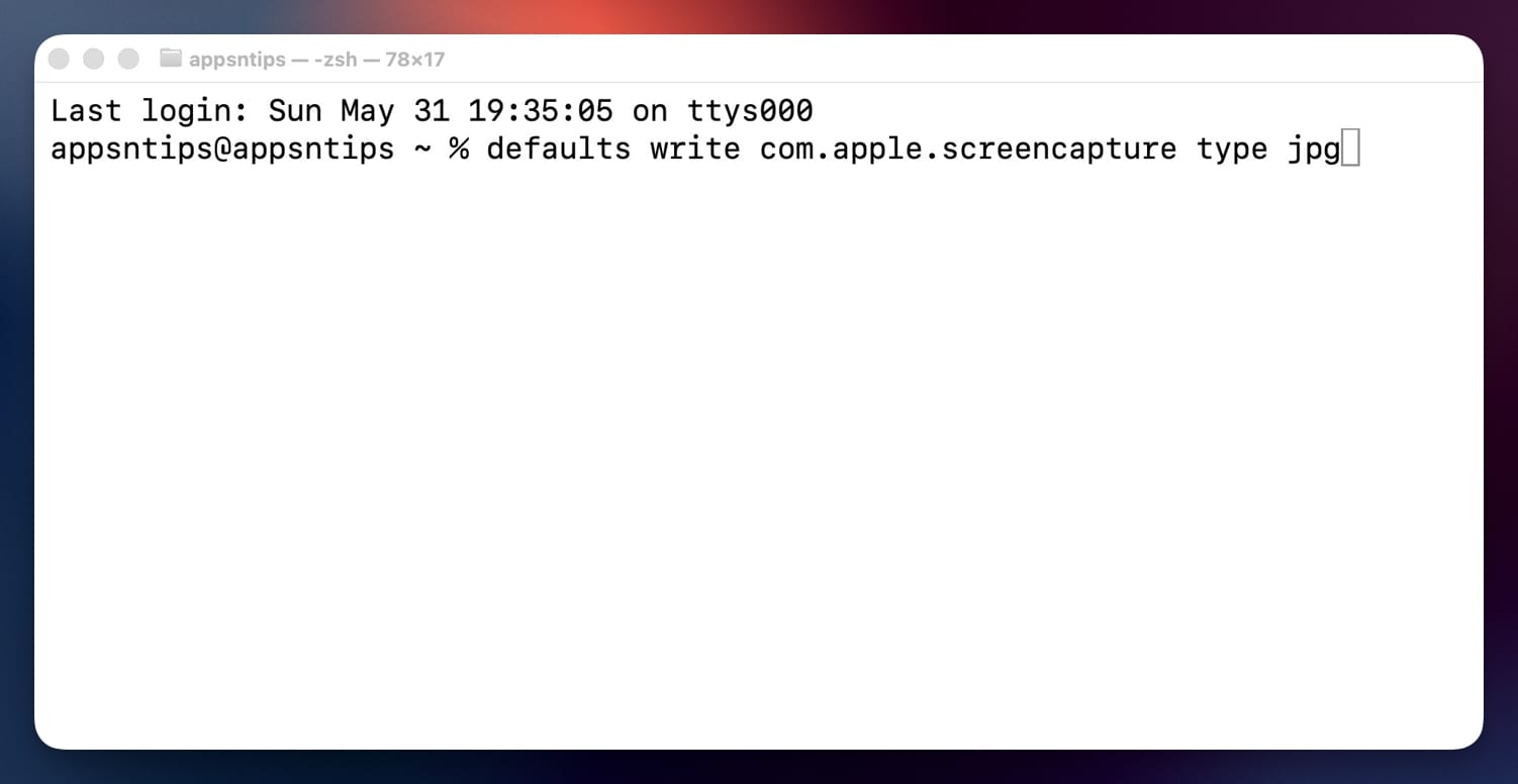Terminal command to change screenshot format to JPEG on Mac