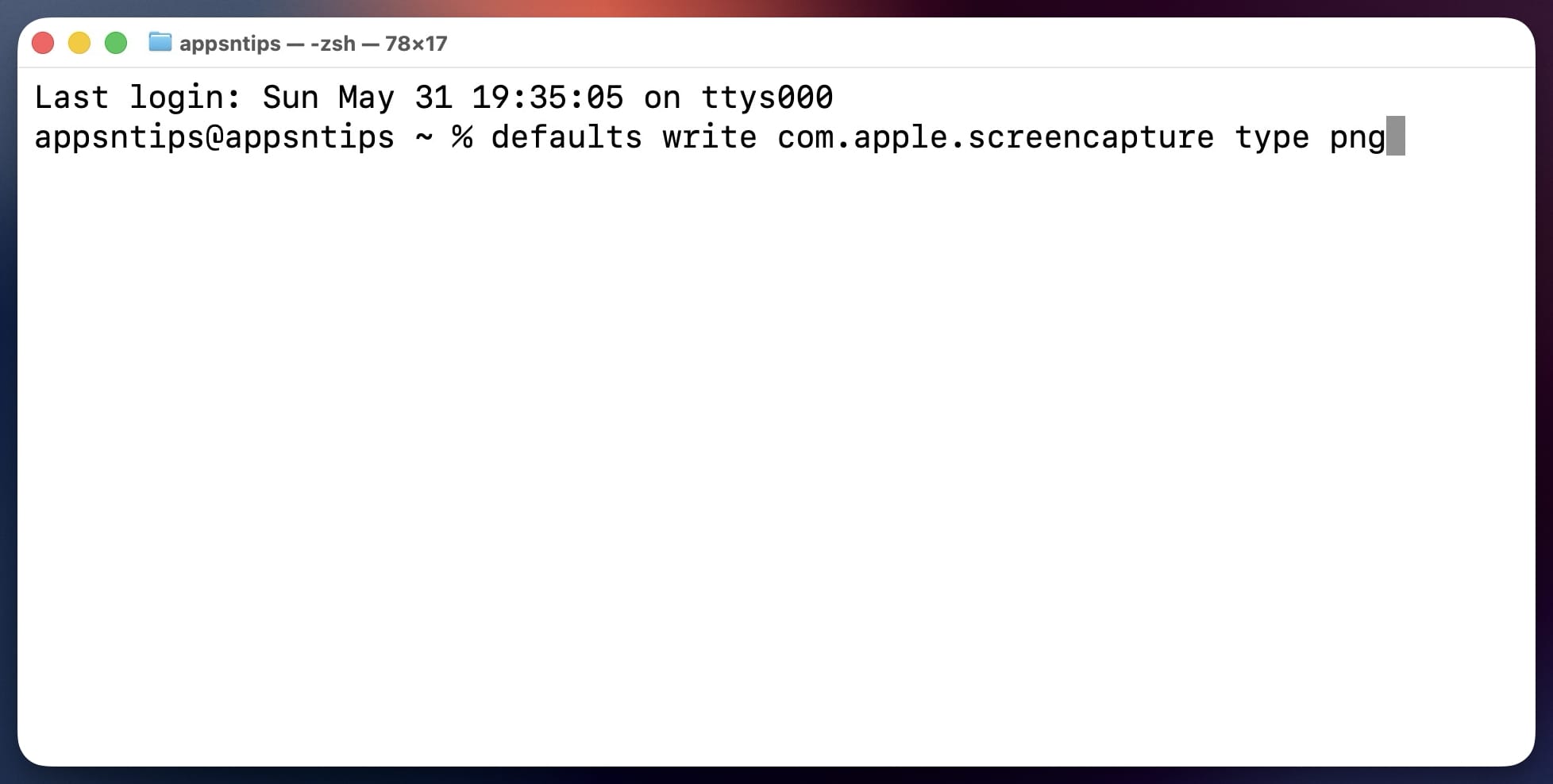 Terminal command to change screenshot format to PNG on Mac