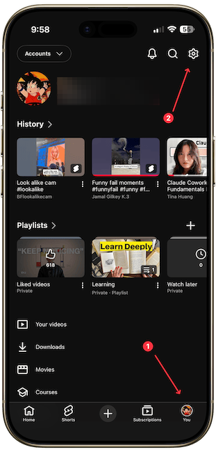 iPhone mockup showing YouTube app profile page