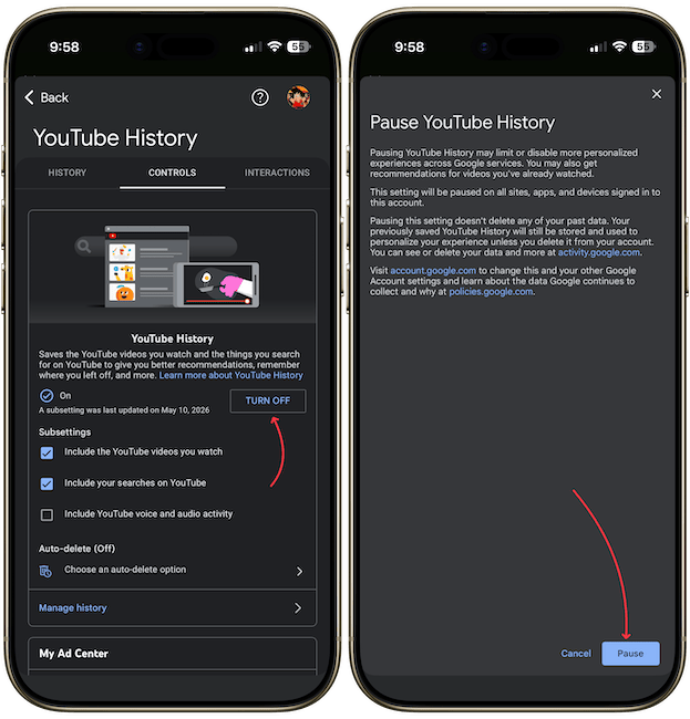 iPhone mockup showing YouTube app's history settings page
