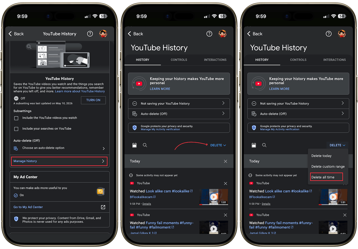 deleting existing watch history on YouTube