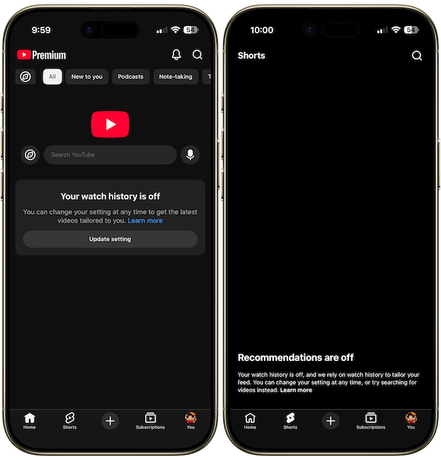 YouTube app not showing reccomendations