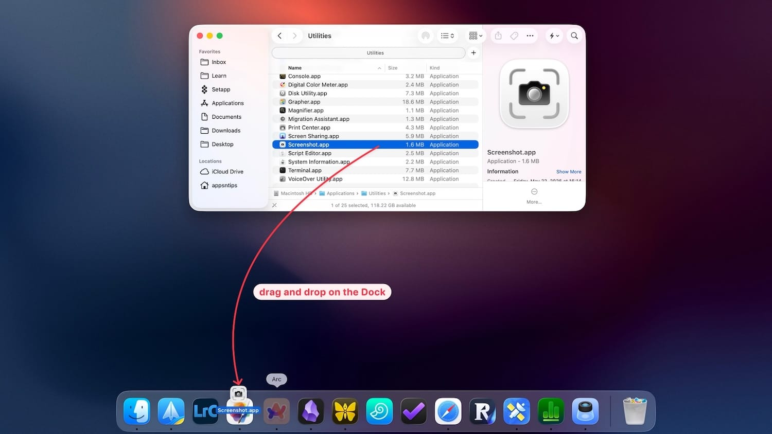 adding screenshot app to Mac dock