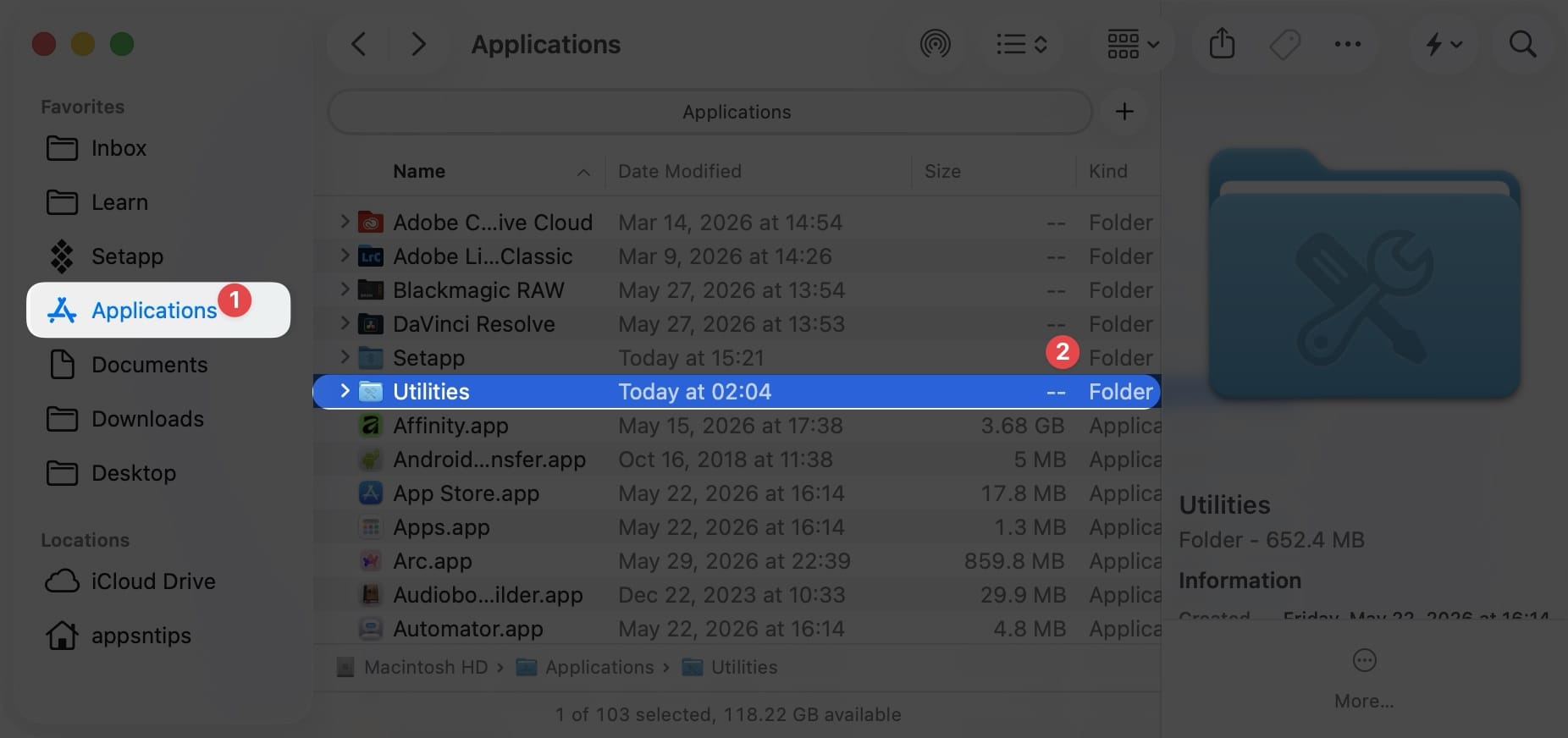 macOS Finder showing Utilities folder