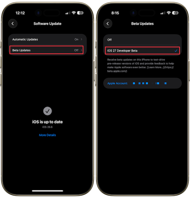Oening beta update setting on iPhone