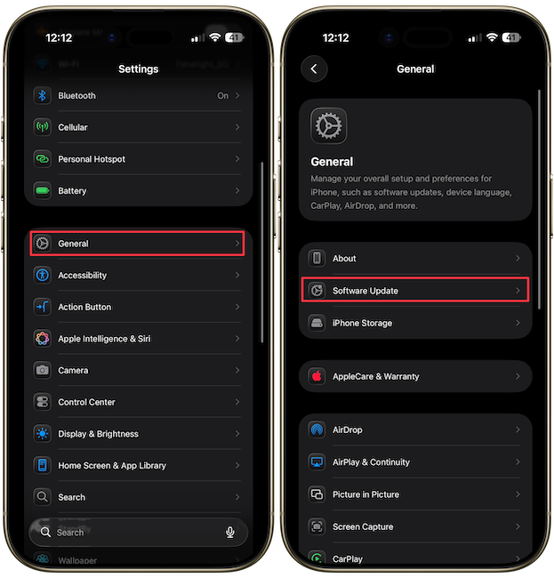 Opening software update setting on iPhone