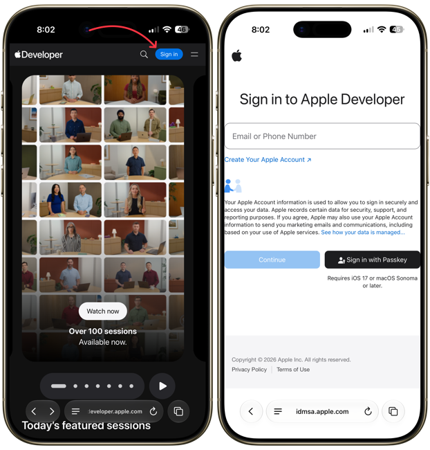 apple developer website open in Safari