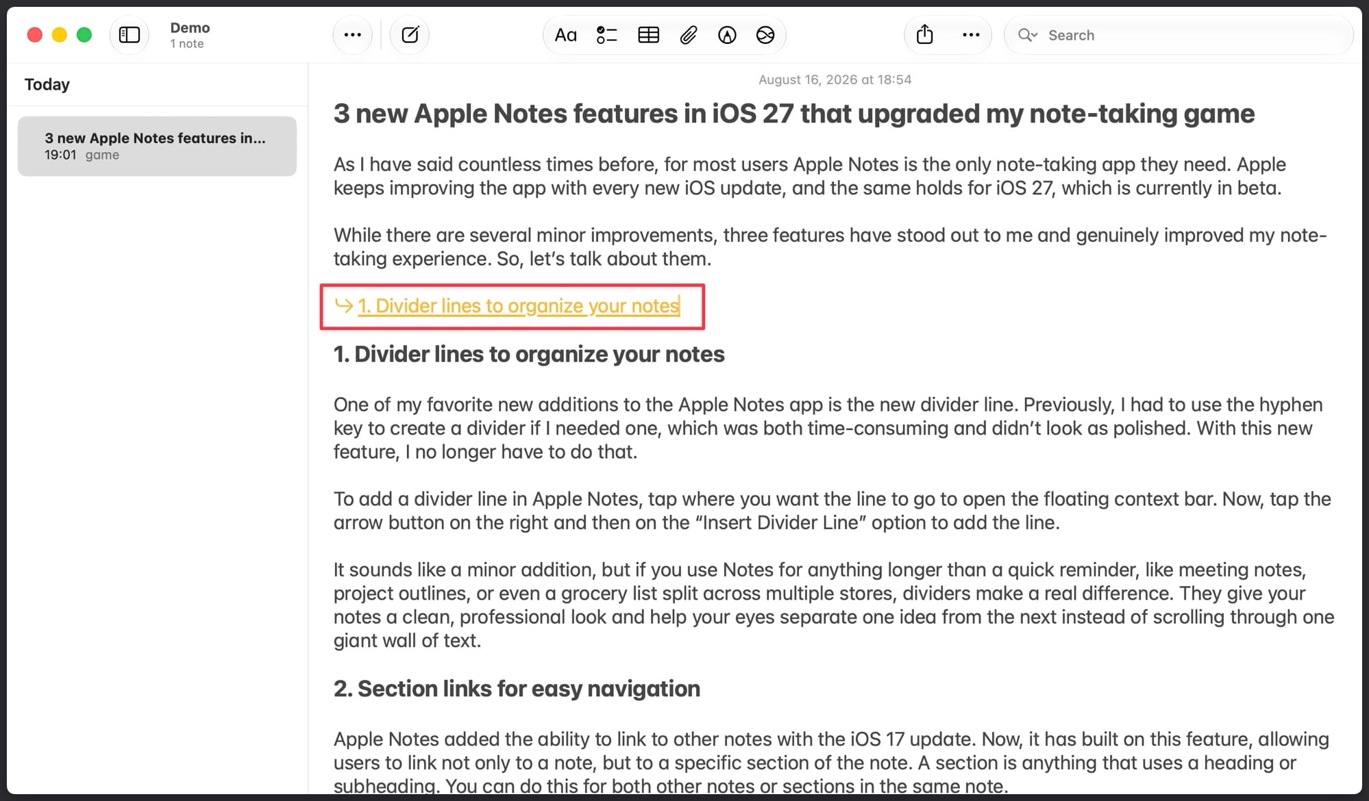 Table of content added in apple notes