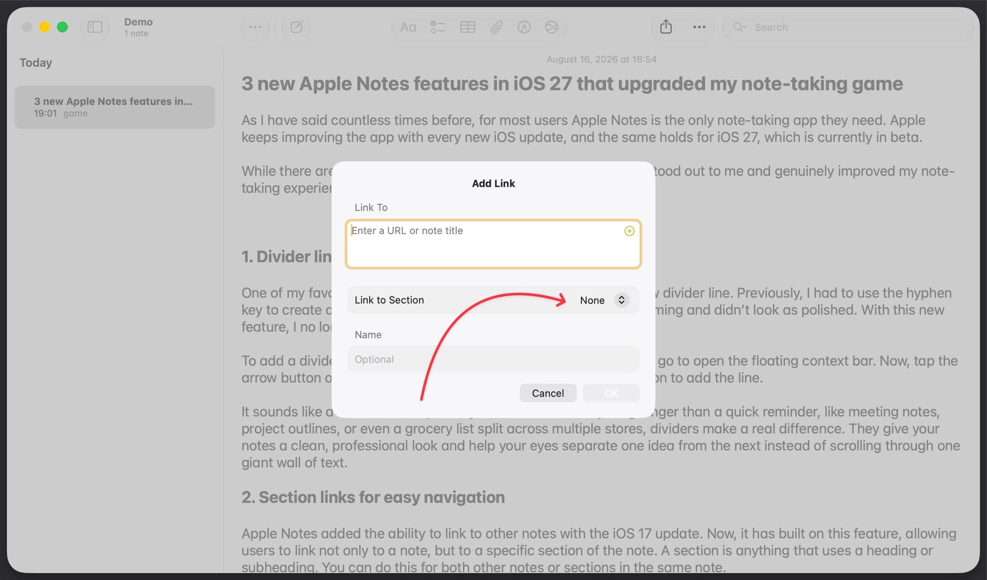 add links box open in apple notes