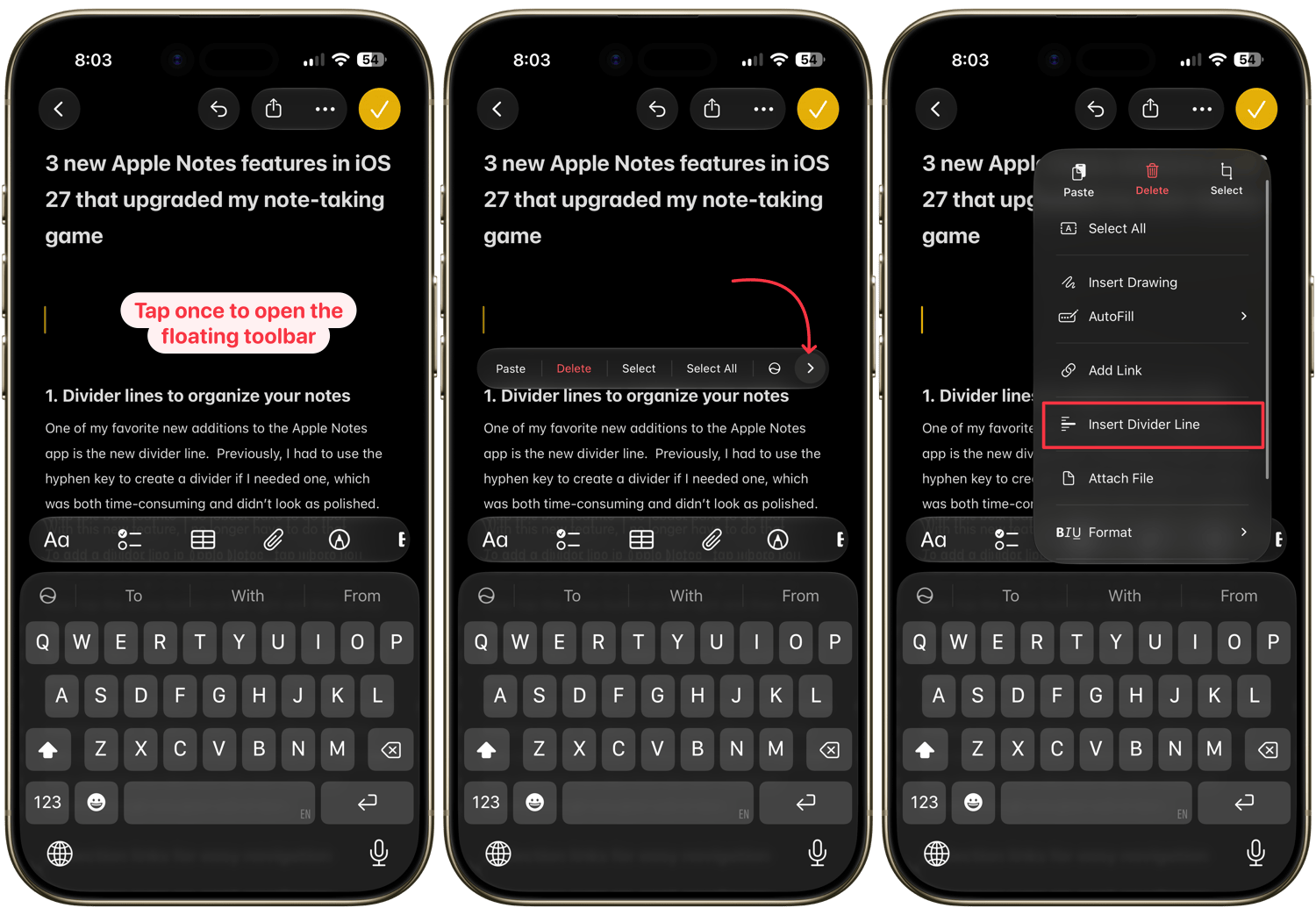 adding a divider in Apple Notes