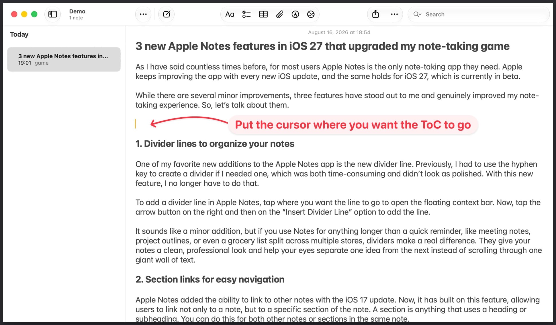 apple notes showing empty place for table of content