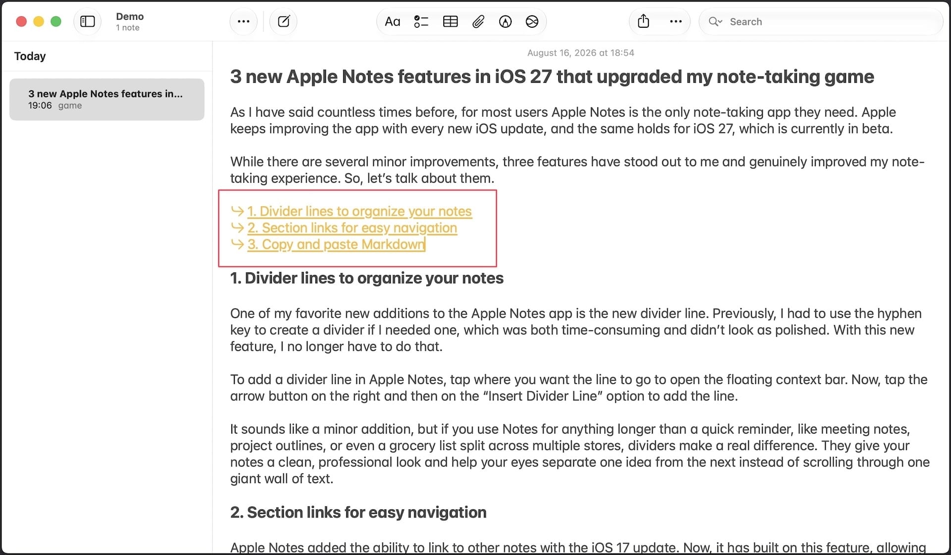 full table of content added to apple notes