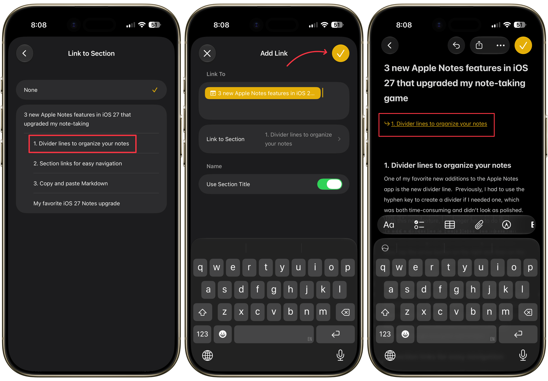 section link added in Apple Notes