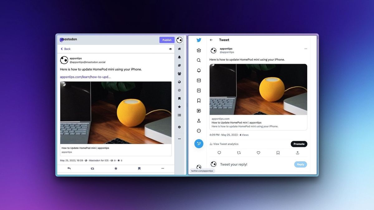 Mastodon and Twitter open in Arc Browser in split-screen mode
