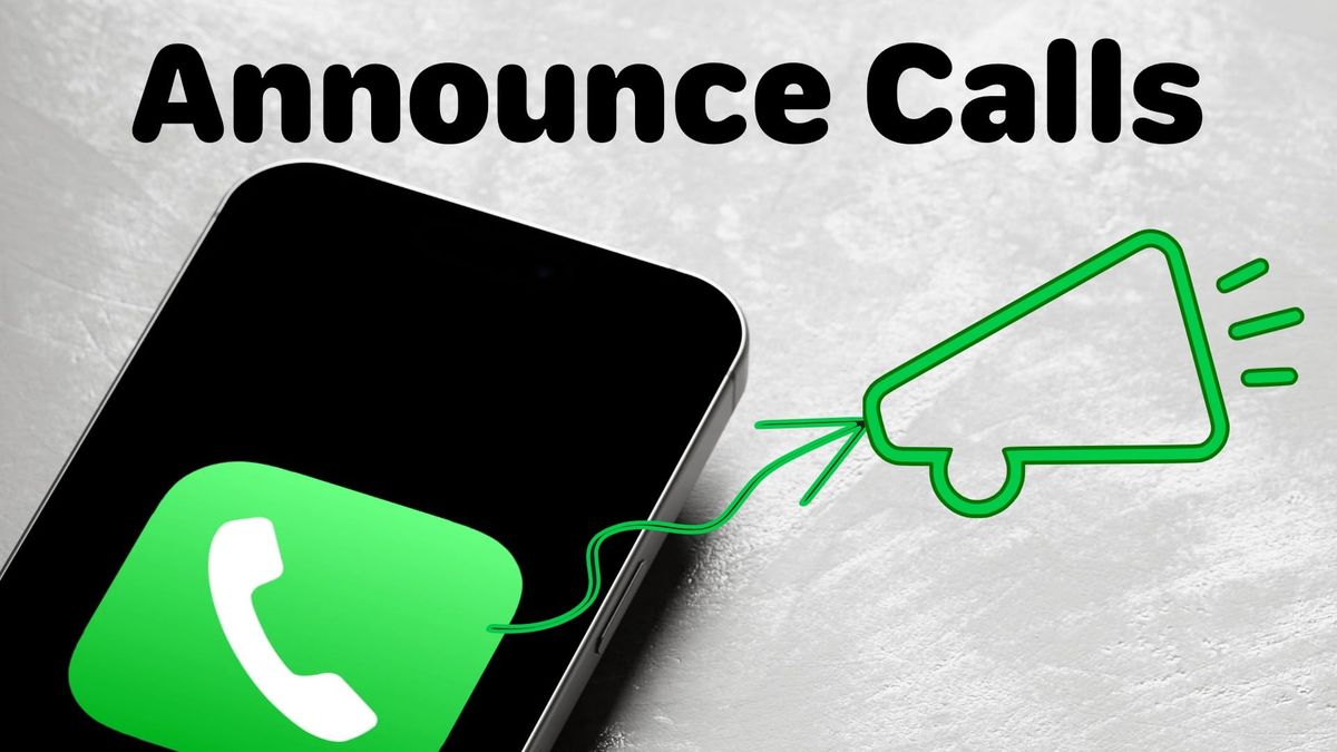 iPhone mockup showing Phone app with Announce Calls text on top. There's an arrow targeting a loudspeaker icon