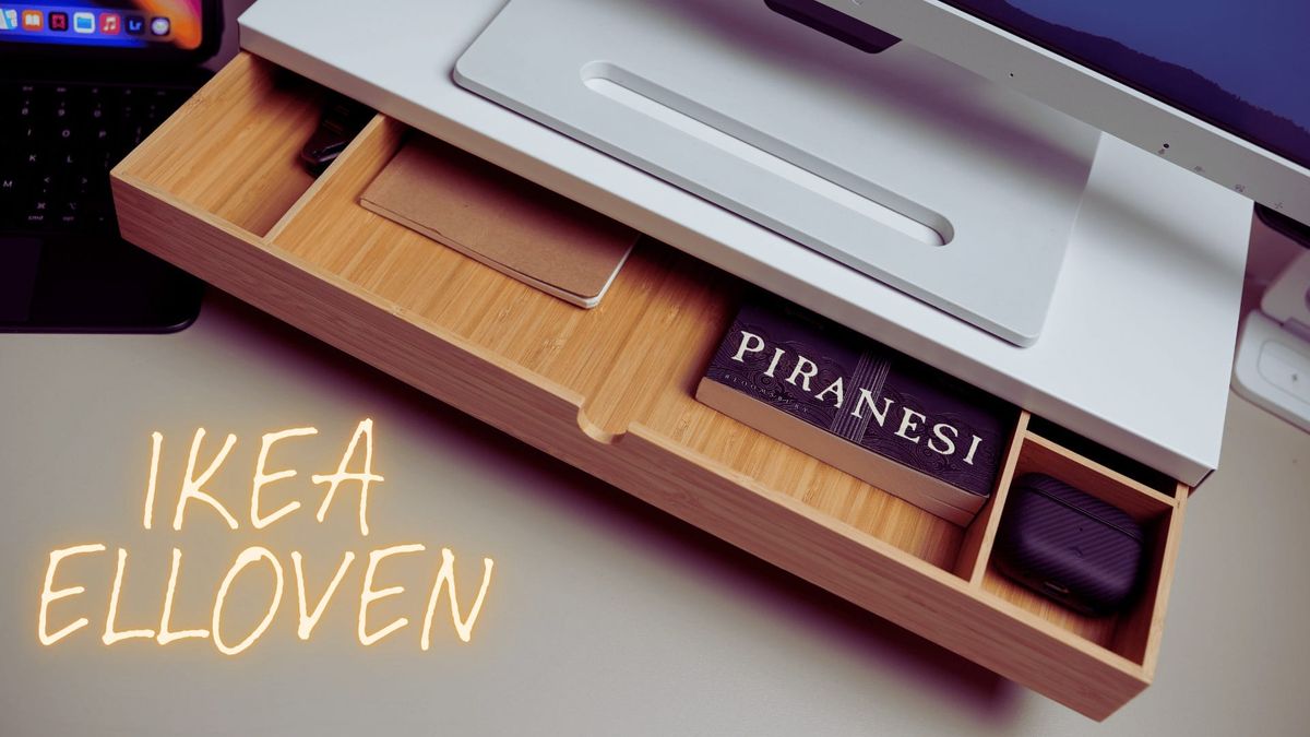 Ikea Elloven on desk with monitor on top of it.