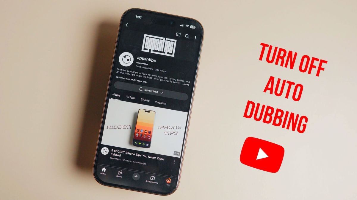 iPhone showing YouTube app with turn off audio dubbing and youtube logo next to it