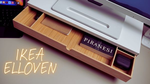 Ikea Elloven on desk with monitor on top of it.