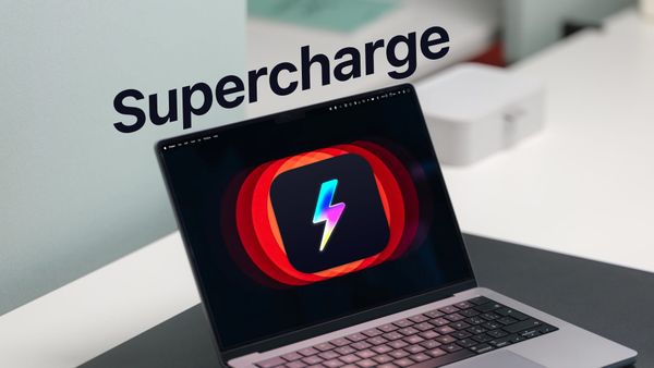 MacBook showing Supercharge app icon with text on to