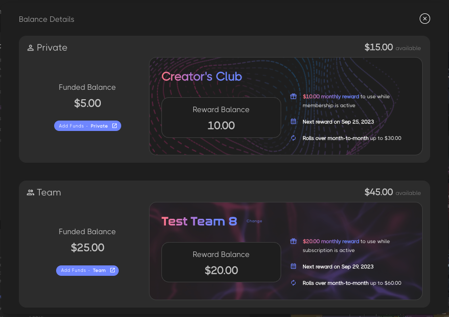 Screenshot showing Creator's Club members and Team Plans are rewarded with a monthly "Reward Balance"!