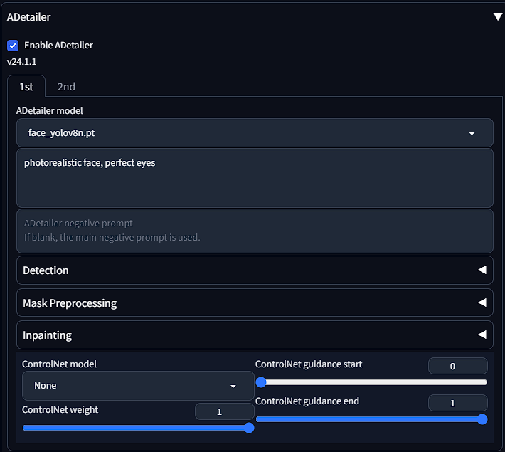 Screenshot showing stomization : Users can often customize how Adetailer works, controlling the extent of detail...