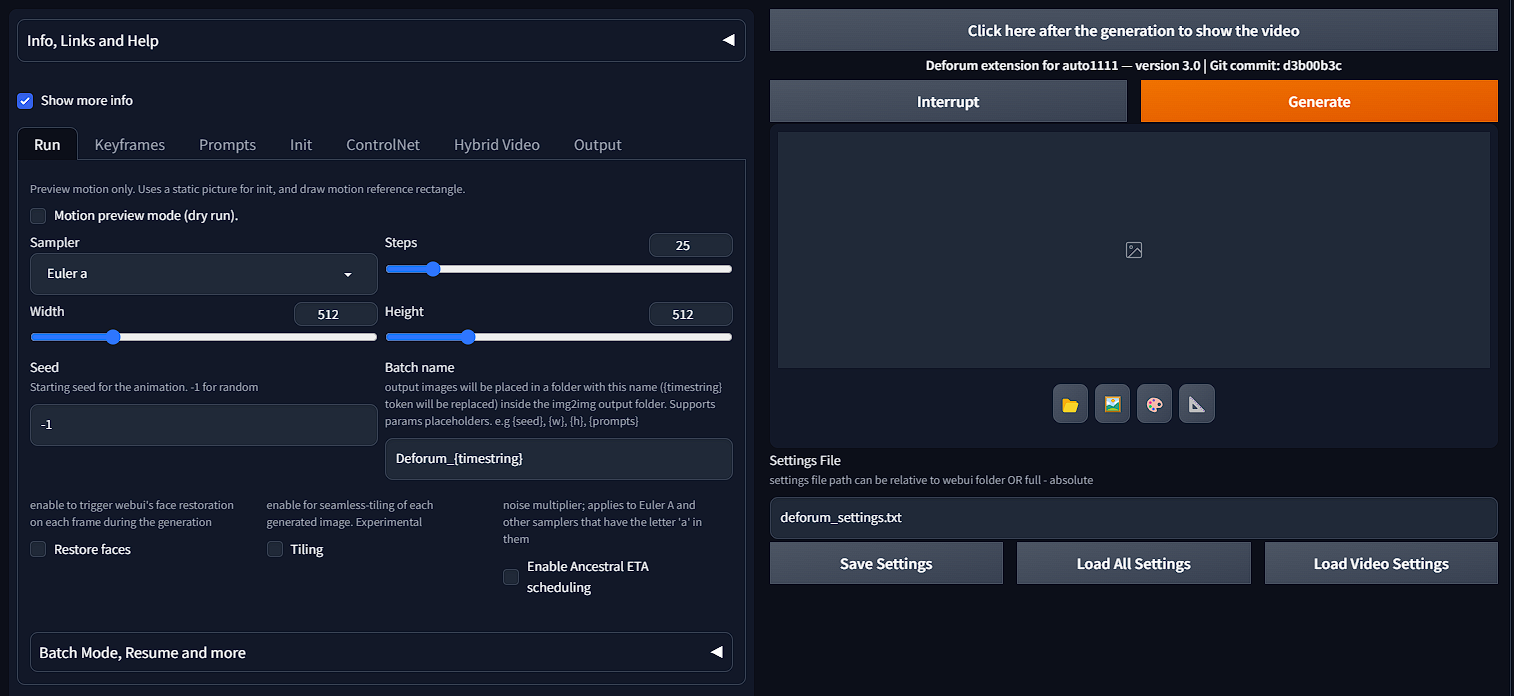 Screenshot showing an extension of Stable Diffusion WebUI, solely made for AI animations