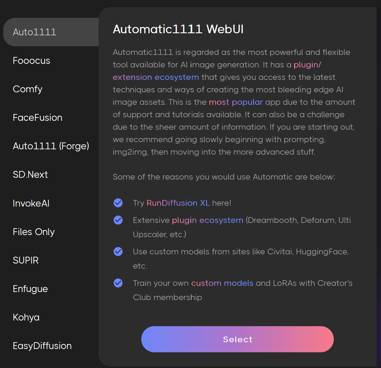 Screenshot showing c1111 interface on RunDiffusion