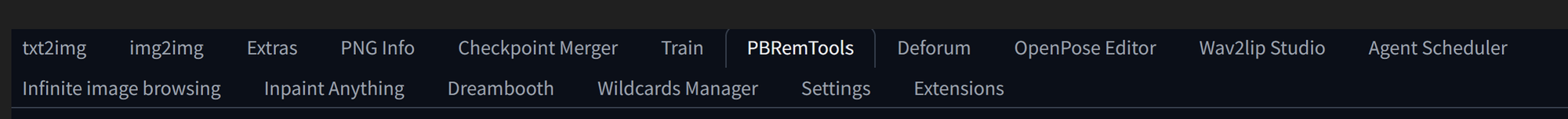 Screenshot showing es="(min-width: 720px) 720px"> Step 2: Access the PBRemTools Tab Once you are in the Automatic1111...