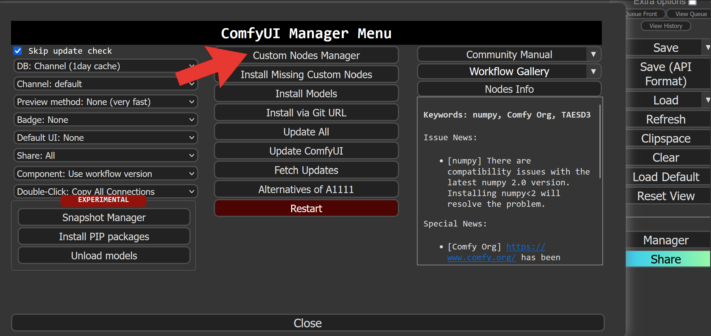 Trong>: Install Custom Nodes : Click on the "Custom Nodes Manager" button