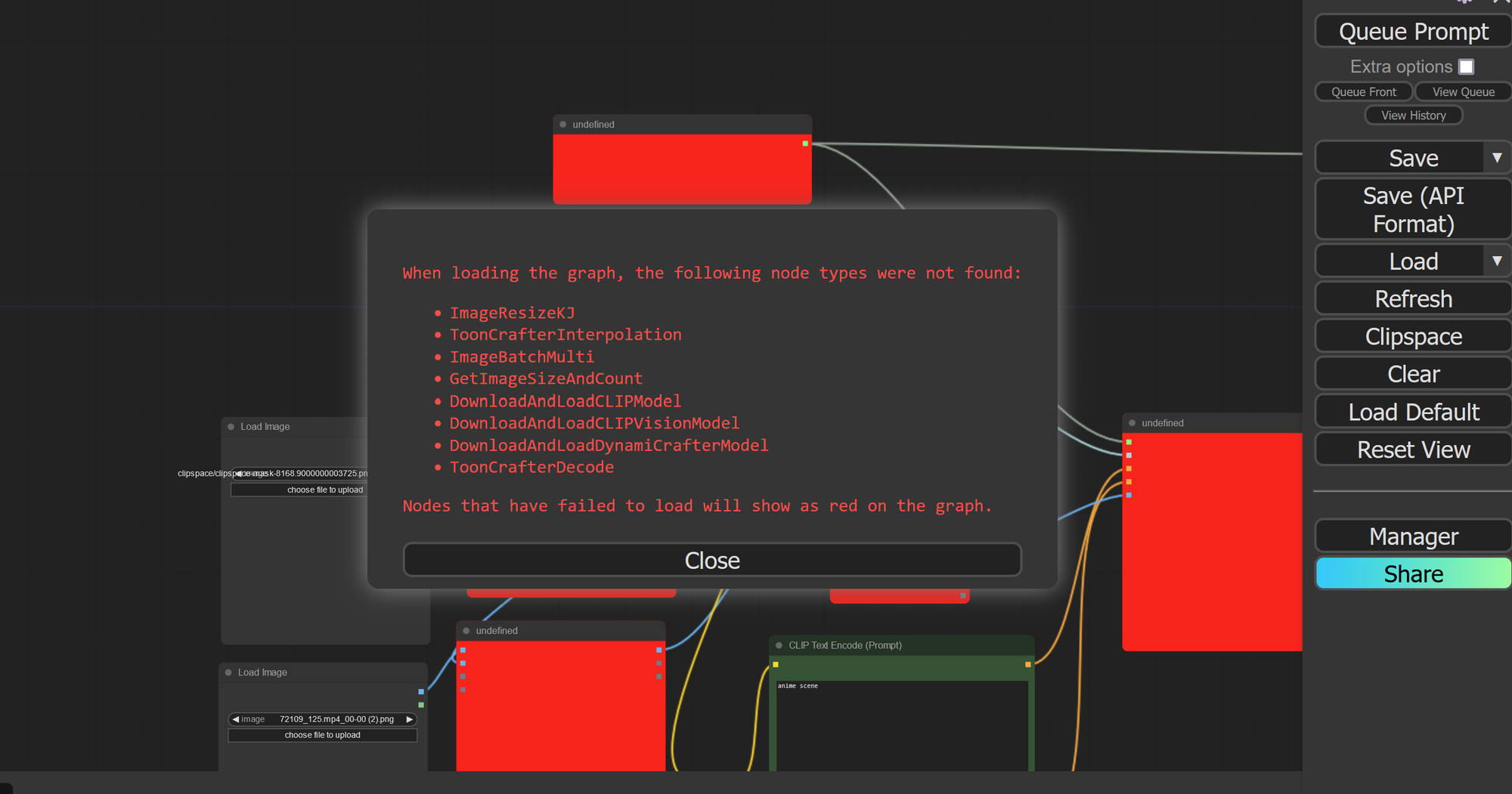 Screenshot showing ="(min-width: 720px) 720px"> Step 2: Load the Tooncrafter Workflow Select Load on the right and Load...