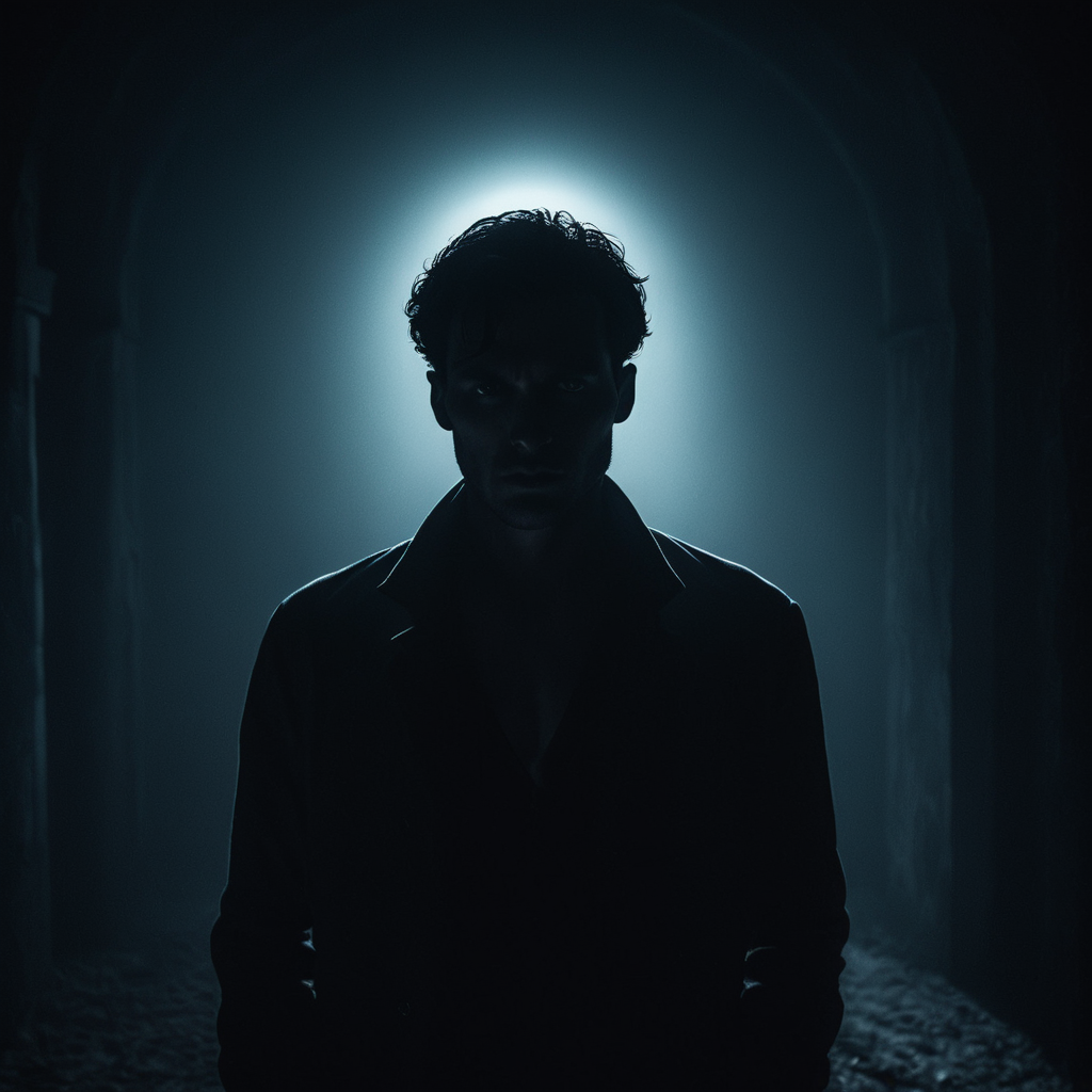 Screenshot showing ing in the shadows, with soft light revealing his sharp features and intense gaze, the light subtly...