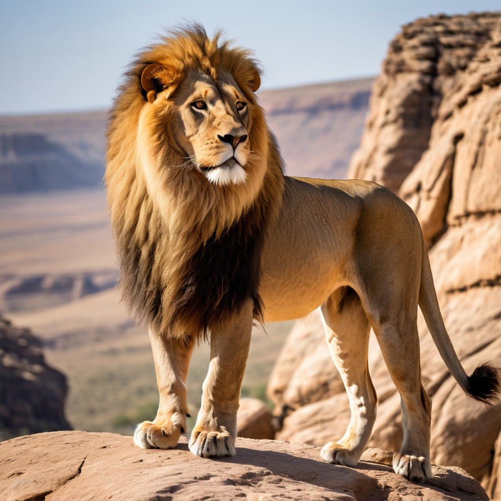 Screenshot showing a rocky outcrop, mane flowing in the wind, coarse fur, rocks made of craggy sandstone, sharp focus,...