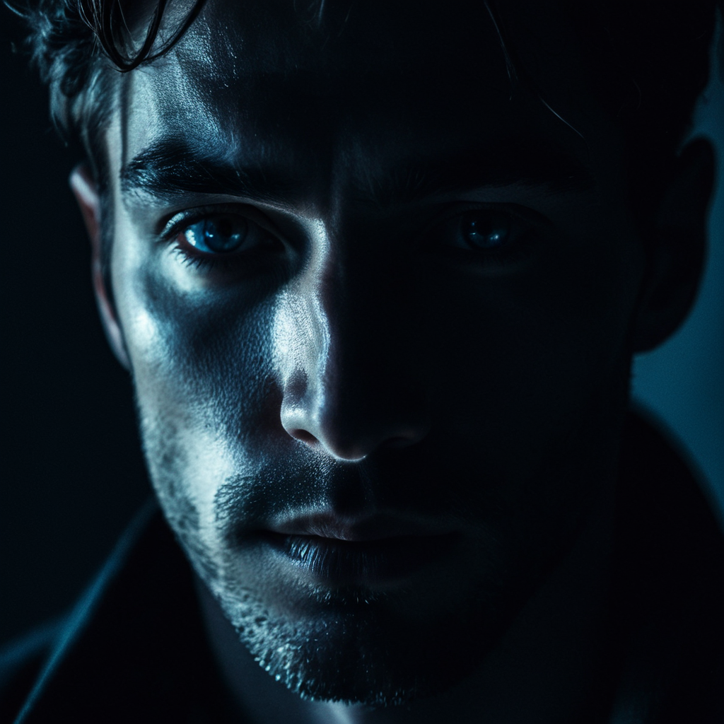 Screenshot showing es, the light reflecting in his intense eyes, cool tones creating a calm yet enigmatic atmosphere...