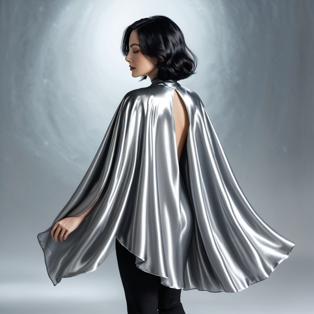 Screenshot showing nd a beautiful woman with short black hair, the fabric catching the light with a soft shimmer with a...