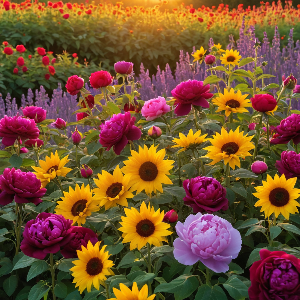 Screenshot showing soft pink peonies, each petal reflecting the sunlight, creating a kaleidoscope of colors, lush green...