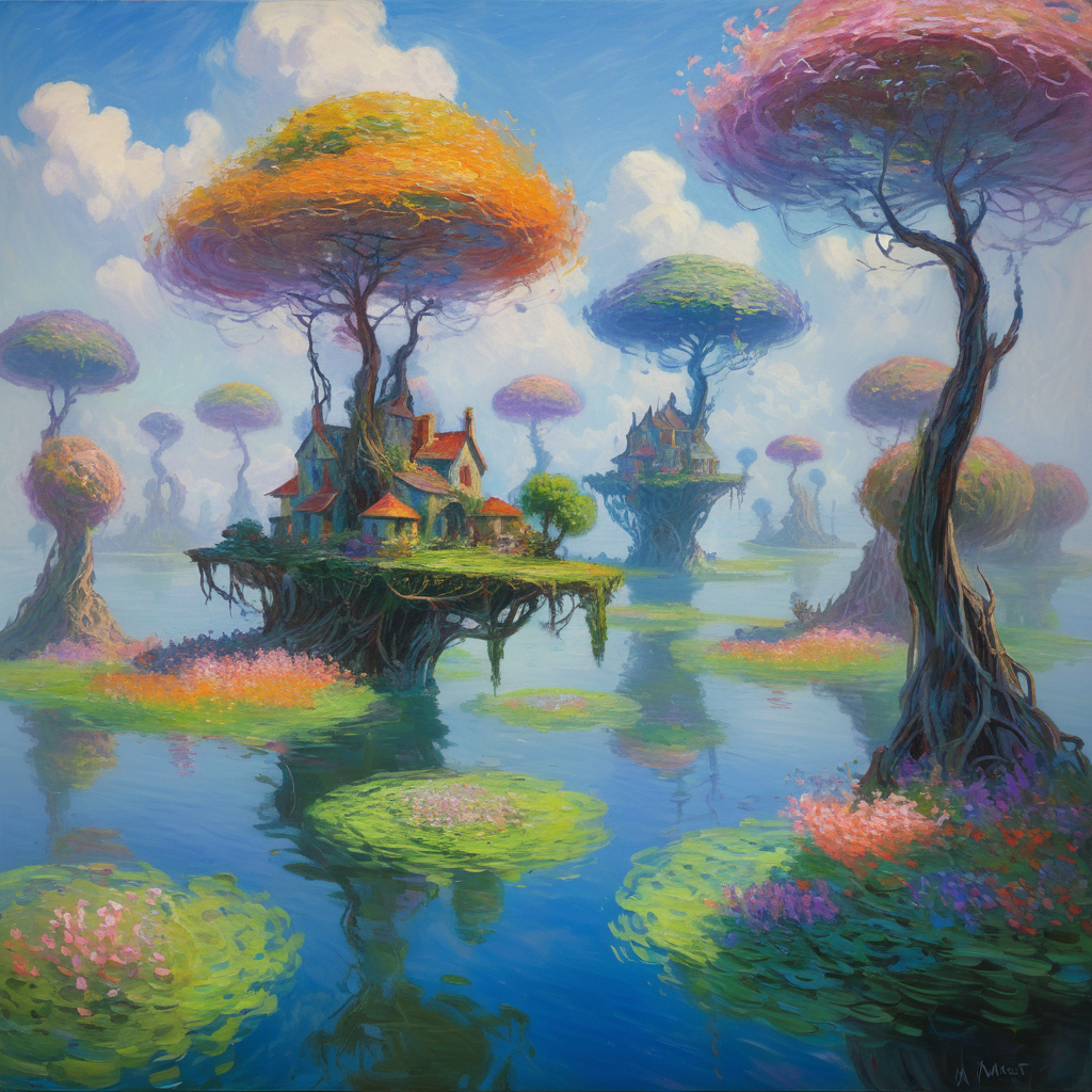 Screenshot showing ds with houses, surreal artwork Prompt : (Monet painting:1.3) A dreamlike landscape with floating...