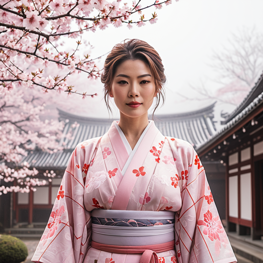 Screenshot showing ntle fog, surrounded by pink cherry blossoms, the intricate patterns of her kimono highlighted by soft...