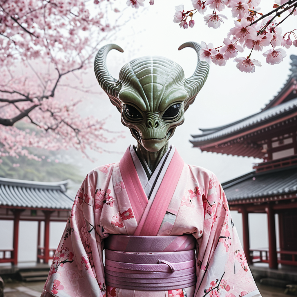 Screenshot showing ntle fog, surrounded by pink cherry blossoms, the intricate patterns of her kimono highlighted by soft...