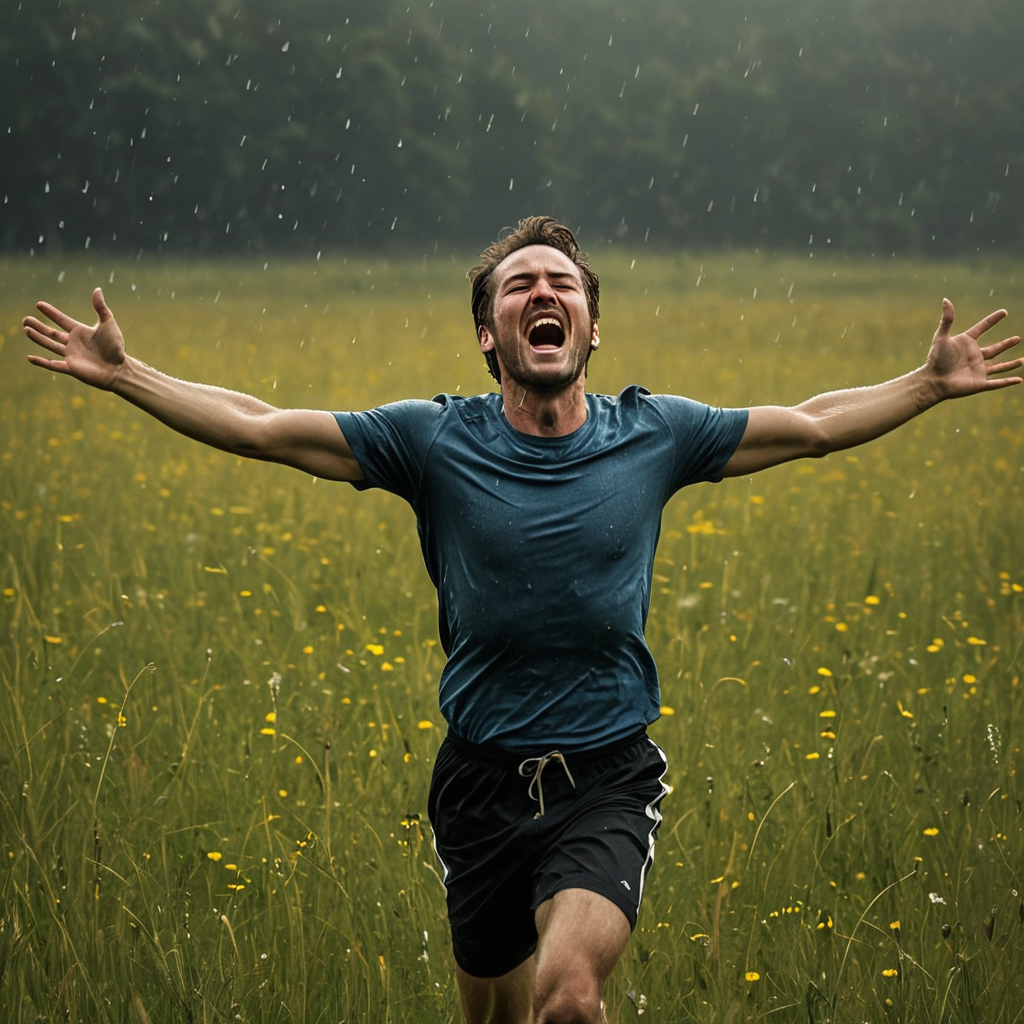 Screenshot showing in a field Prompt : A (crying:1.2) man running through a meadow, arms outstretched, face lit up with...