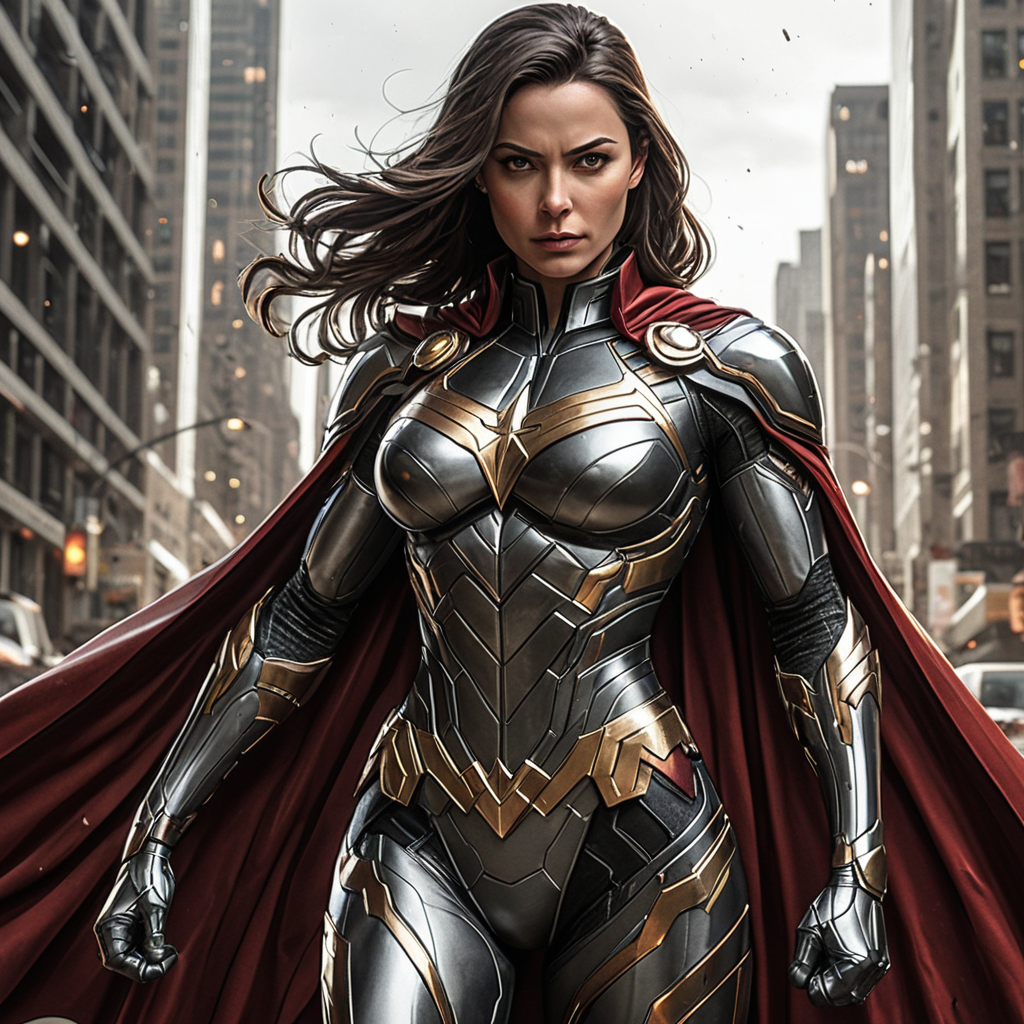 Screenshot showing rmor plating, and a flowing cape, worn by a powerful heroine, her posture confident and commanding,...