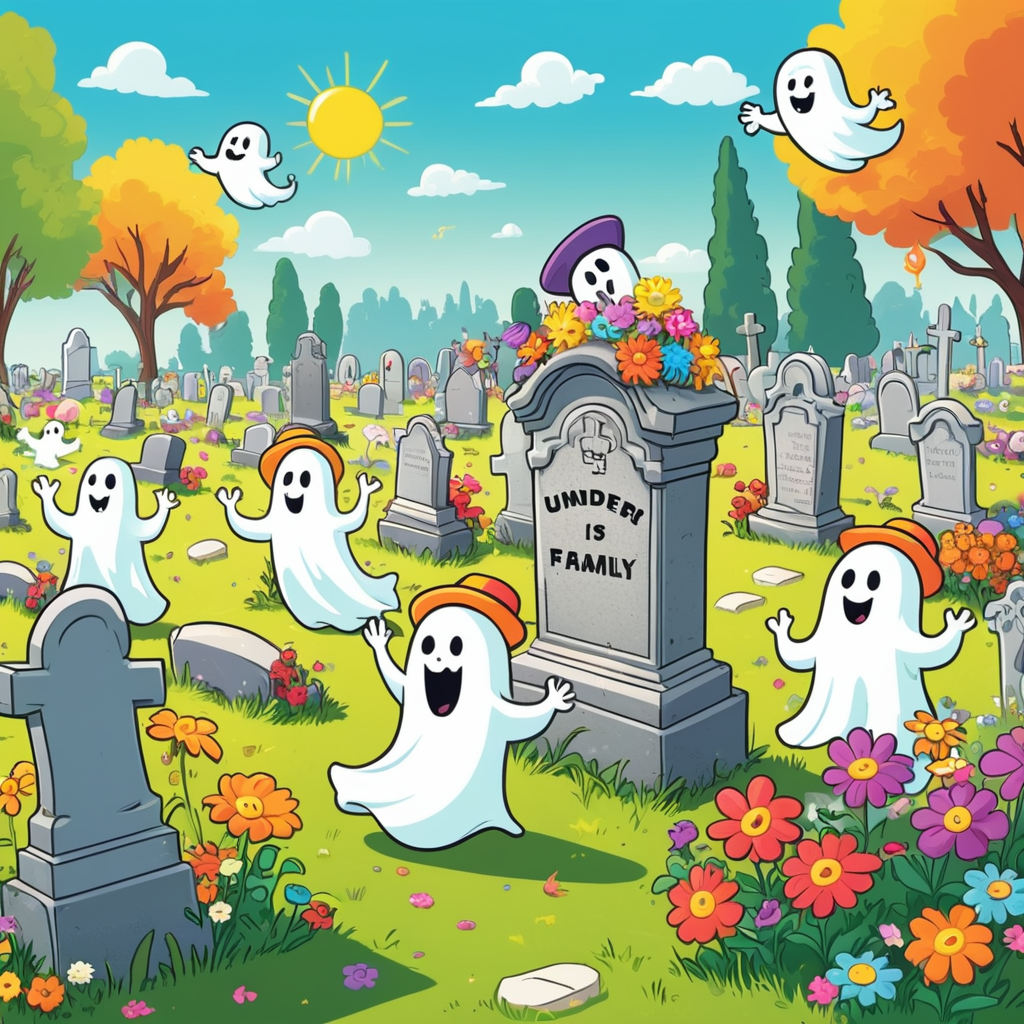Screenshot showing stone, colorful flowers scattered around, cheerful animated ghosts in silly hats floating and playing...