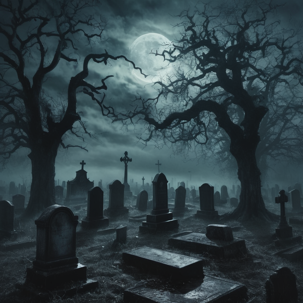 Screenshot showing t, cracked tombstones and twisted, gnarled trees casting long, sinister shadows, dense fog rolling...
