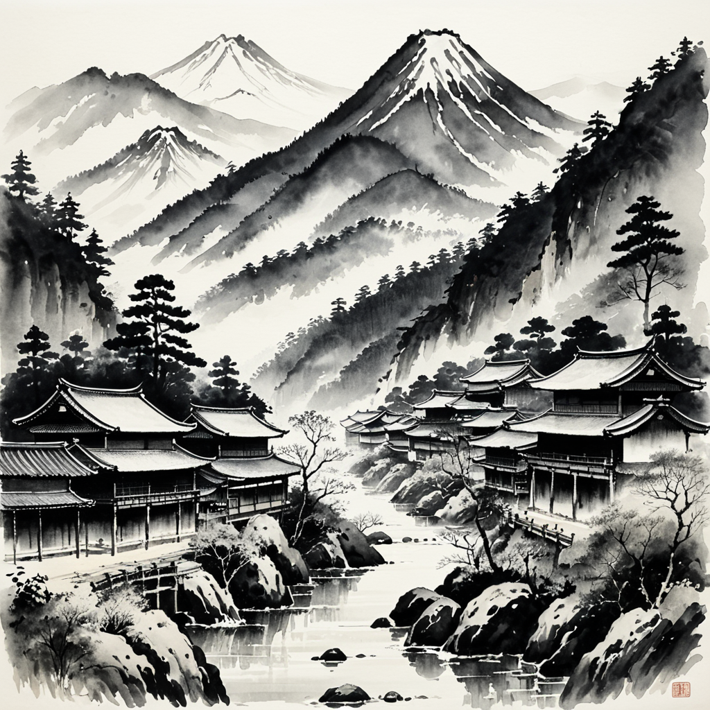 Screenshot showing 1.1) and crisp lines, (traditional Japanese architecture:1.2), monochromatic palette, high-resolution...
