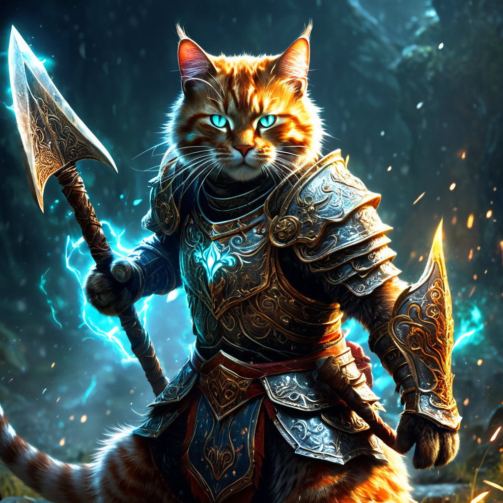 Screenshot showing aring ornate, battle-worn armor, fur bristling, intense gaze, in the style of fantasy realism, high...