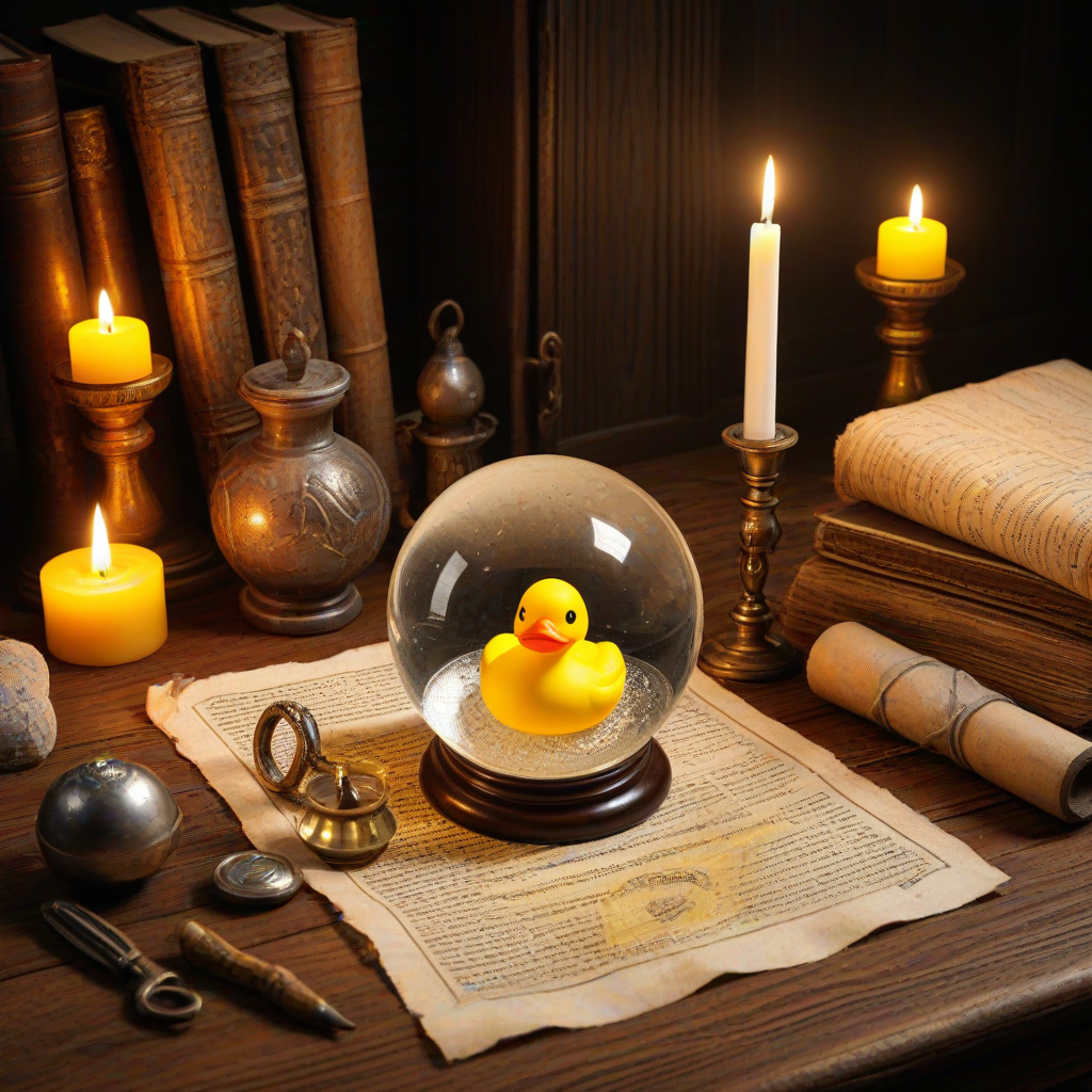 Screenshot showing A crystal orb resting on a wooden table with a yellow rubber duck, surrounded by aged scrolls and...