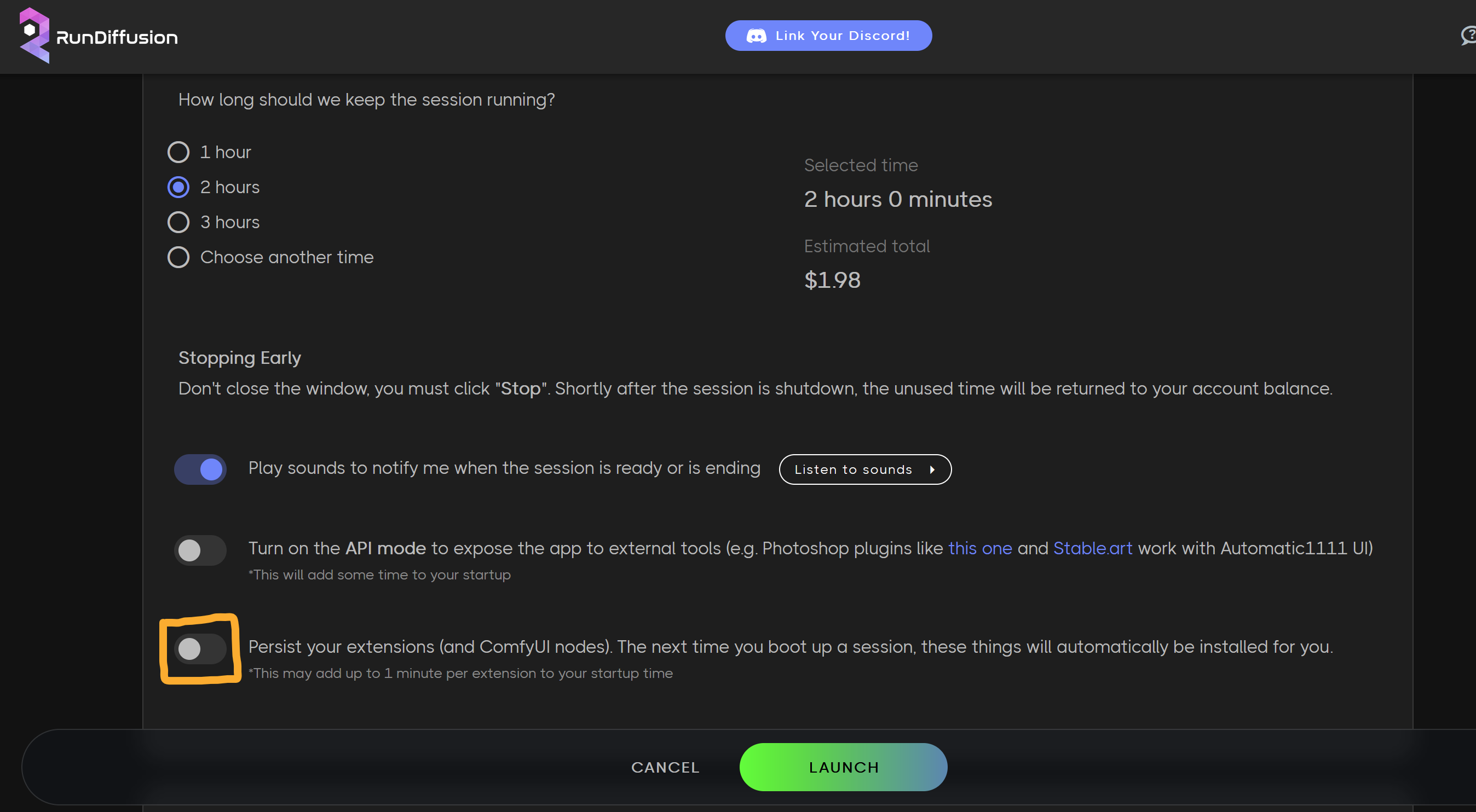 Turn off Persistent Extensions screenshot