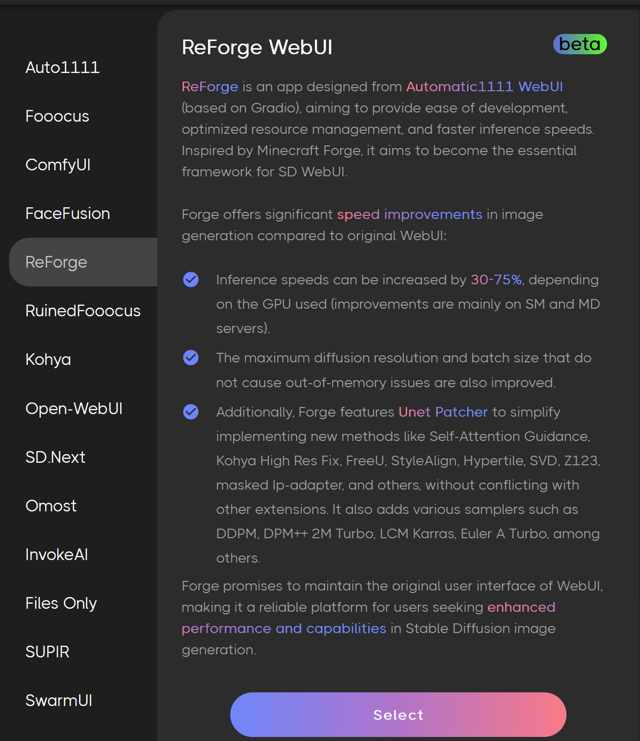 Screenshot showing application on the application page and clicking select