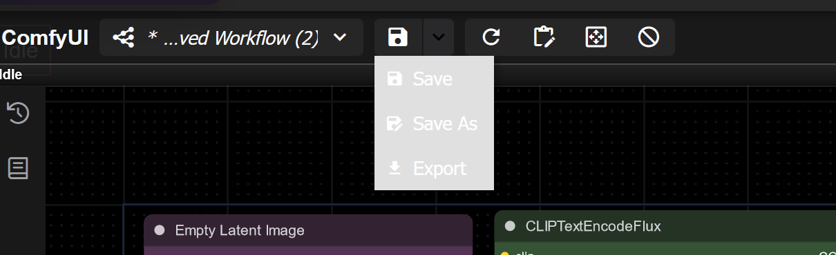 Screenshot showing Button : The disc icon lets you save, save as, or export your workflow to your computer