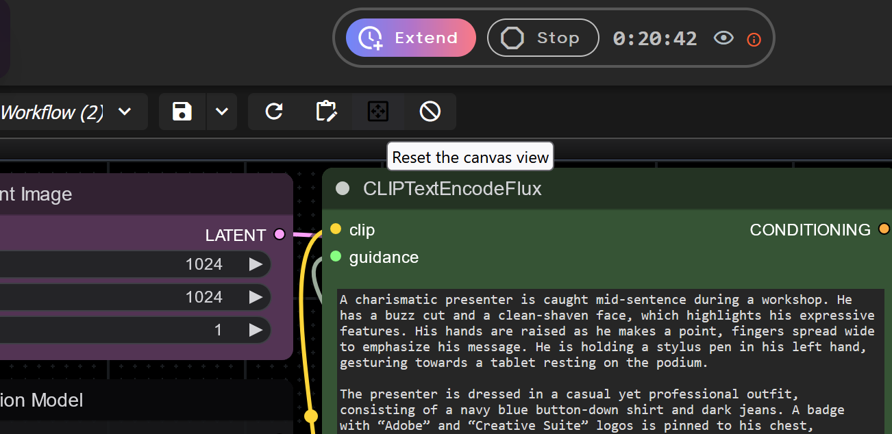Screenshot showing empty space while working with custom workflows, you can click "Reset the canvas view" to bring...